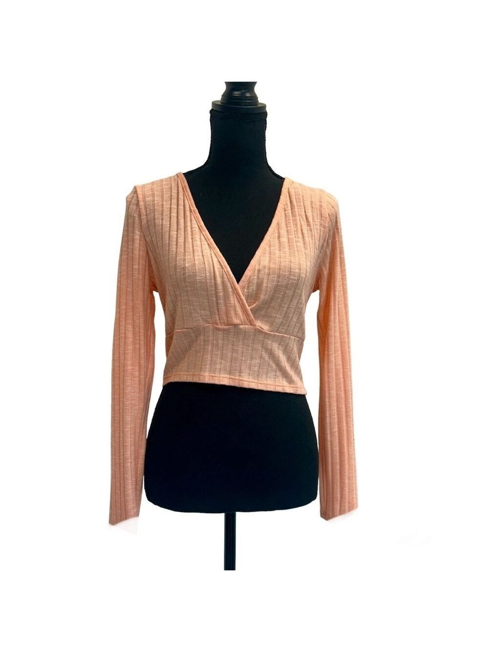 Peach ribbed sheer V-neck long sleeve faux wrap blouse top Sz L